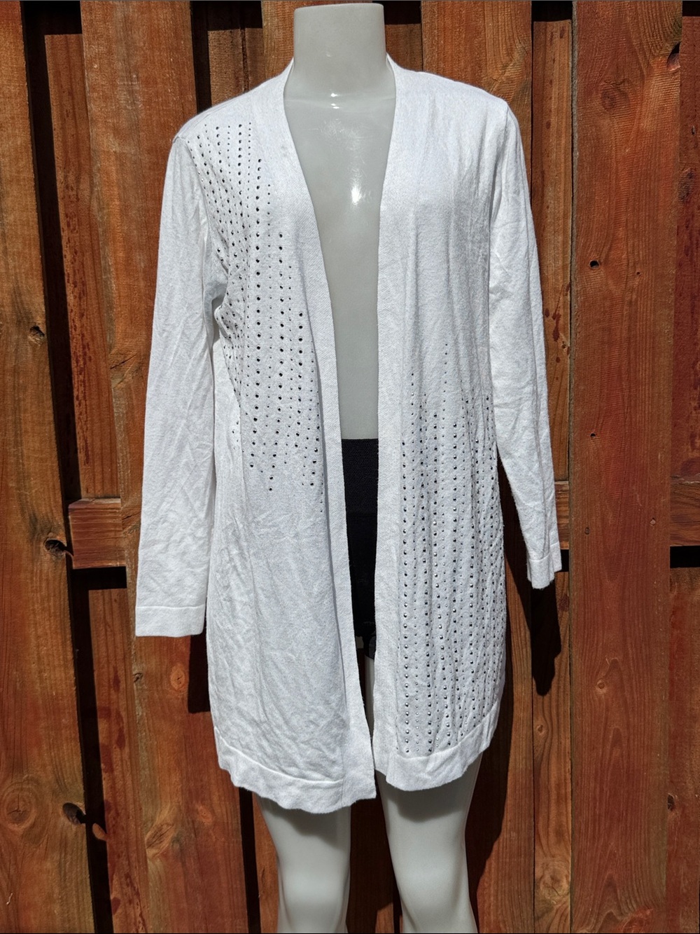 Allison + Zoe White Rhinestone Studded Open Front Cardigan Duster Sweater S